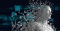 Composition of exploding human bust formed with white particles, digital elements and binary coding Royalty Free Stock Photo