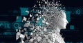 Composition of exploding human bust formed with white particles, digital elements and binary coding Royalty Free Stock Photo
