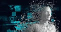 Composition of exploding human bust formed with white particles, screens and binary coding