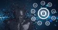 Composition of exploding metallic human bust and online security padlock and digital icons Royalty Free Stock Photo