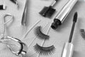 Composition with false eyelashes and cosmetic tools Royalty Free Stock Photo