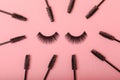 Composition with false eyelashes, mascara and eyelash brushes, eyelash curlers on background. Royalty Free Stock Photo