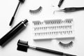 Composition with false eyelashes and tools on white background Royalty Free Stock Photo