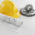 Yellow Hard Hat Blueprint and Gears on White Background Representing Construction and Engineering Royalty Free Stock Photo