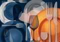 Composition featuring overlapping plates, glasses, forks, and Royalty Free Stock Photo