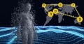 Composition of female digital model over network of bitcoin icons and binary coding processing