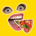 Composition with female mouth and eys and slice of pizza isolated on yellow neon background. Contemporary art collage