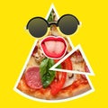 Composition with female mouth and sun glasses over big slice of pizza isolated on yellow neon background. Contemporary