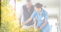 Composition of female nurse teaching senior caucasian man using walking frame with tree overlay Royalty Free Stock Photo