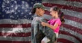 Composition of female soldier with her daughter over american flag andr fireworks