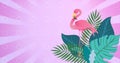 Composition of flamingo over tropical leaves with copy space on patterned purple background