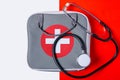 Composition flat lay, first aid kit and stethoscope Royalty Free Stock Photo