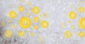 Composition of floating yellow padlock icons over mottled grey textured background