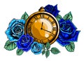 Composition with flower and pocket watch on chain. Vector illustration for tattoo. Time symbol. Royalty Free Stock Photo