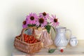 Composition of flowers in a vase, cherry tomatoes in a wicker basket on a table on a white background Royalty Free Stock Photo