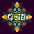 composition of folk styl flowers drawn in yellow and green colors with the word hello on a dark background, vector