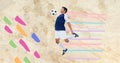 Composition of football player with ball over colourful splodges