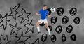 Composition of football player with ball over stars and dots on grey clouds