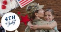 Composition of fourth of july text with female soldier holding her daughter and american flag Royalty Free Stock Photo