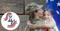 Composition of fourth of july text with female soldier holding her daughter over american flag Royalty Free Stock Photo