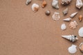 Composition frame for copy space, seashells, pebbles, mockup on sand background. Blank, top view, still life, flat lay Royalty Free Stock Photo