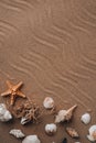 Composition frame for copy space, seashells, pebbles, mockup on sand background. Blank, top view, still life, flat lay Royalty Free Stock Photo