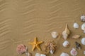Composition frame for copy space, seashells, pebbles, mockup on sand background. Blank, top view, still life, flat lay Royalty Free Stock Photo