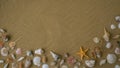 Composition frame for copy space, seashells, pebbles, mockup on sand background. Blank, top view, still life, flat lay Royalty Free Stock Photo