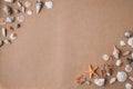 Composition frame for copy space, seashells, pebbles, mockup on sand background. Blank, top view, still life, flat lay Royalty Free Stock Photo