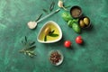 Composition with fresh olive oil on table Royalty Free Stock Photo