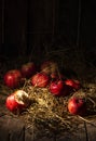 Composition of fresh organic apple , village style. wooden table and black background. Royalty Free Stock Photo