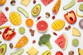 Composition with fresh organic fruits and vegetables on white background, top view Royalty Free Stock Photo