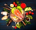 Composition with fresh salmon, herbs, parmesan and spices. Food background Royalty Free Stock Photo