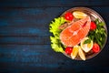 Composition with fresh salmon, herbs, parmesan and spices. Food background Royalty Free Stock Photo