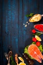 Composition with fresh salmon, herbs, parmesan and spices. Food background. Space for text Royalty Free Stock Photo