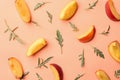 Composition with fresh sliced peaches on color background, top view Royalty Free Stock Photo