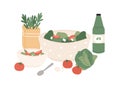 Composition of fresh vegetable salad and juice vector flat illustration. Chopped tomato, cabbage, cucumber and greenery