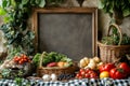 Composition of fresh vegetables in wicker baskets, potatoes, tomatoes, mushrooms, garlic, and herbs on checkered tablecloth with Royalty Free Stock Photo