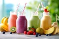 composition of fruit and vegetable smoothies in glass bottles with straws and fruits, berries on the wooden table, Generative AI Royalty Free Stock Photo