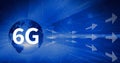 Composition of 6g text over globe, white arrows and computer circuit board on blue background Royalty Free Stock Photo