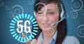 Composition of 5g text over scopes scanning and businesswoman using phone headset