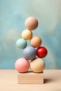 Composition of geometric wooden balancing stones. Concept of balance, eco frendly. Pastel background with copy space