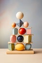 Composition of geometric wooden balancing stones. Concept of balance, eco friendly. Pastel background with copy space