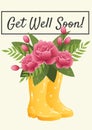 Composition of get well soon message and pink flowers in orange wellington boots on cream background Royalty Free Stock Photo