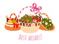 Composition gift baskets with best wishes inscription vector flat illustration. Holiday presents