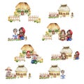 Composition of girl and boy gnome in national ukrainian costume ,country houses and flowers. Design for baby shower party,