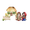 Composition of girl and boy gnome in national ukrainian costume ,country houses and flowers. Design for baby shower party, Royalty Free Stock Photo