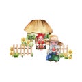 Composition of girl and boy gnome in national ukrainian costume ,country houses and flowers. Design for baby shower party,