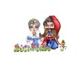 Composition of girl and boy gnome in national ukrainian costume standing in flowers. Design for baby shower party, birthday,cake,