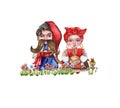 Composition of girl and boy gnome in national ukrainian costume standing in flowers. Design for baby shower party, birthday,cake,